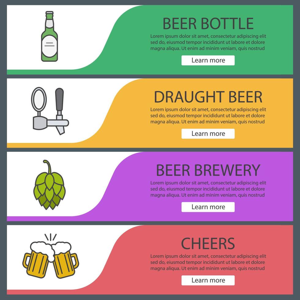 conjunto de plantillas de banner de cerveza. cono de lúpulo, grifo de cerveza, botella y vasos para tostar. elementos del menú del sitio web. banner web en color. conceptos de diseño de encabezados vectoriales vector