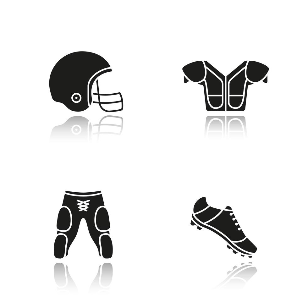 American football player's uniform. Drop shadow black icons set. Helmet, shoulder pad, shoe, shorts. Isolated vector illustrations