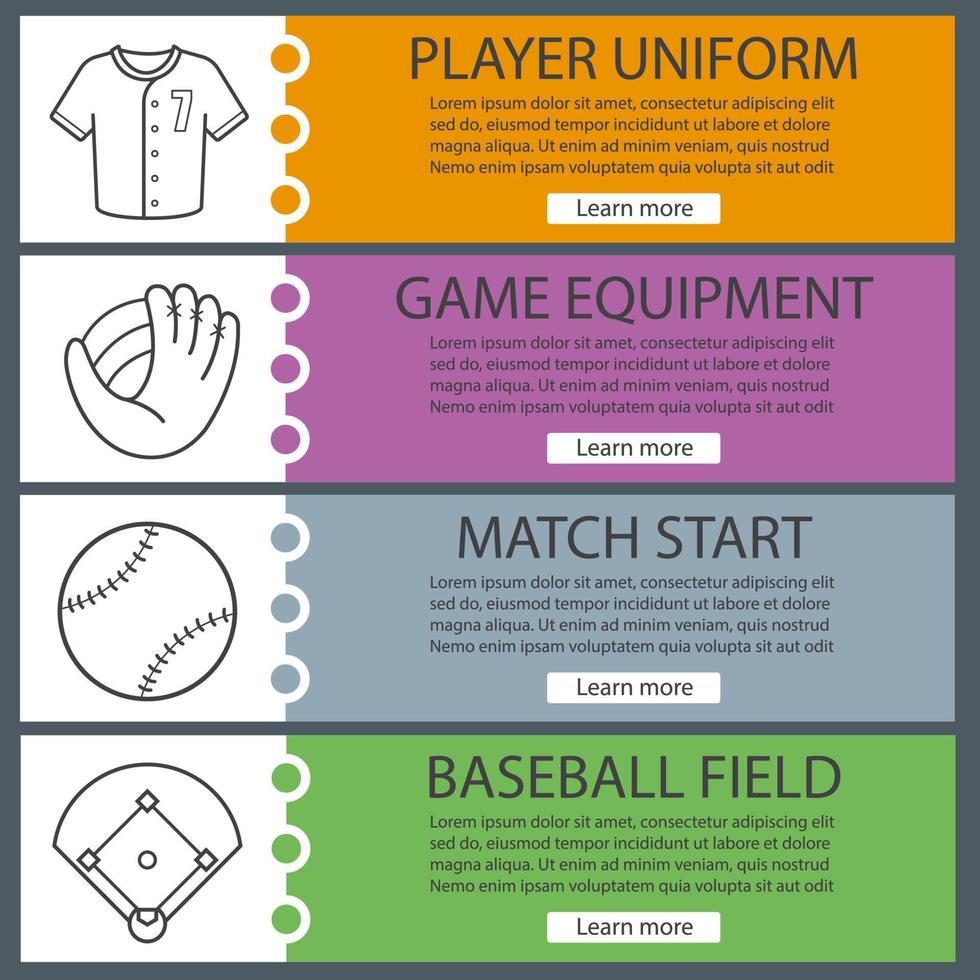 Baseball banner templates set. Player's shirt, ball and mitt, field. Website menu items with linear icons. Color web banner. Vector headers design concepts