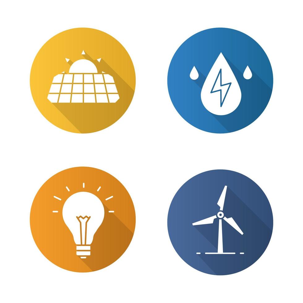 Conjunto de iconos de larga sombra de diseño plano de energía ecológica. Paneles solares, molino de viento, energía hidráulica, bombilla. ilustración de silueta de vector