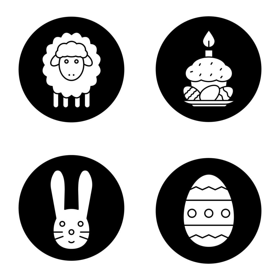 conjunto de iconos de Pascua. conejito de pascua, cordero, pastel con velas y huevos. ilustraciones de siluetas blancas vectoriales en círculos negros vector