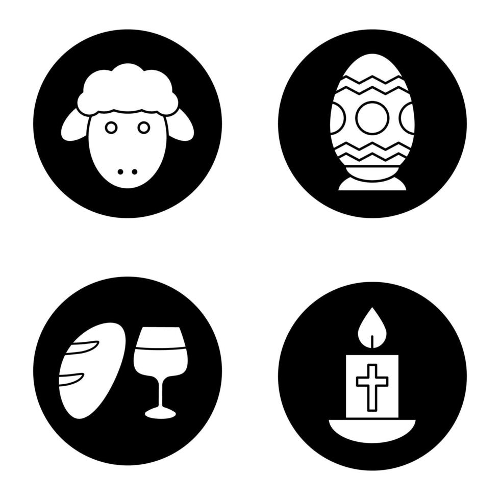 conjunto de iconos de Pascua. huevo de pascua, cordero, vela con cruz, pan y vino. ilustraciones de siluetas blancas vectoriales en círculos negros vector