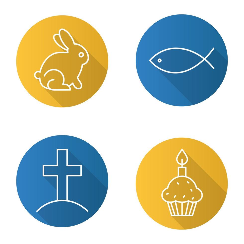 Easter flat linear long shadow icons set. Cross on hill, Easter bunny, cake with candle, fish. Vector line illustration