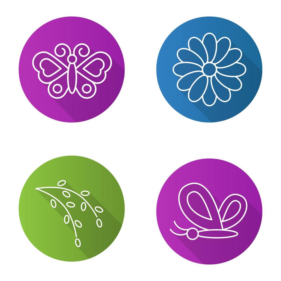 Spring flat linear long shadow icons set. Butterflies, camomile flower, willow blossom. Nature. Vector line illustration