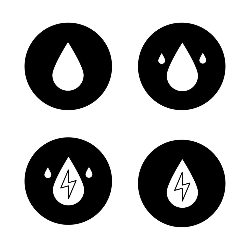 conjunto de iconos de energía de agua. gotas de agua. planta hidroeléctrica. ilustraciones de siluetas blancas vectoriales en círculos negros vector