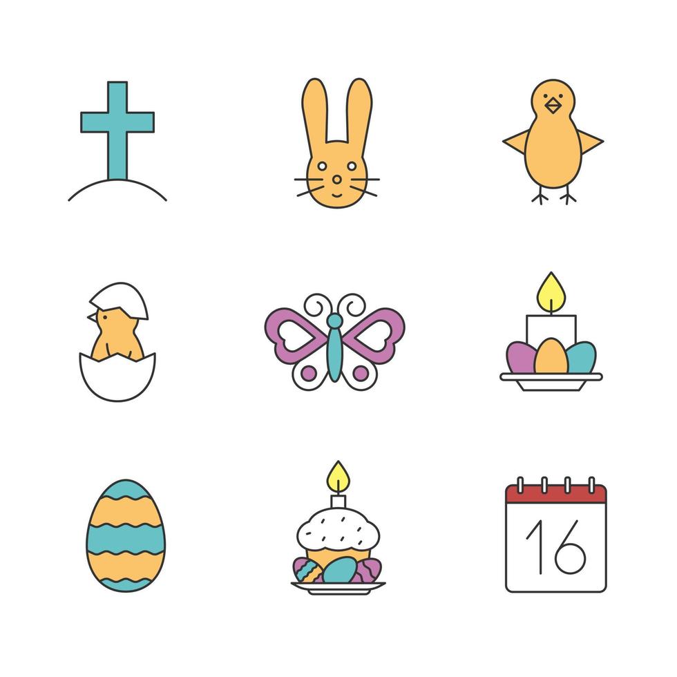 Easter color icons set. Cross on hill, newborn chicken in egg shell, Easter bunny, eggs with cake and candles, April 16 calendar, butterfly. Isolated vector illustrations