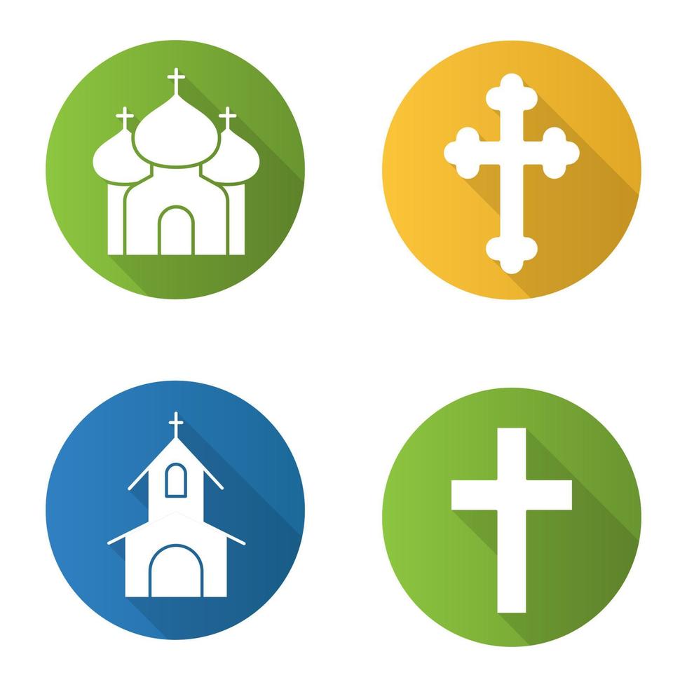 Conjunto de iconos de larga sombra de diseño plano de religión de cristianismo. iglesia, templo, crucifijo cristiano, cruz. ilustración de silueta de vector