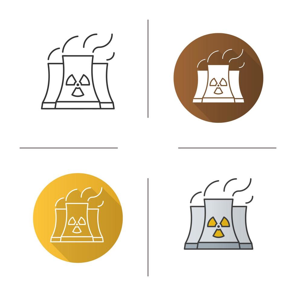 Nuclear power plant icon. Flat design, linear and color styles. Radiation symbol. Isolated vector illustrations