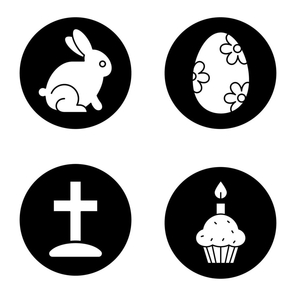 Easter icons set. Cross on hill, Easter bunny, egg with flowers pattern, cake and candle. Vector white silhouettes illustrations in black circles