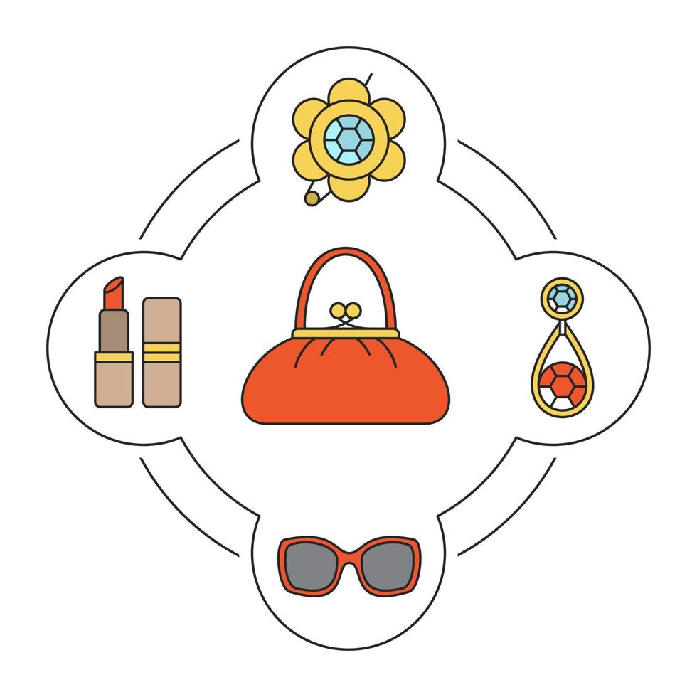 Conjunto de iconos de colores de contenido de bolso de mujer. broche, pintalabios, pendiente y gafas de sol. ilustraciones vectoriales aisladas vector