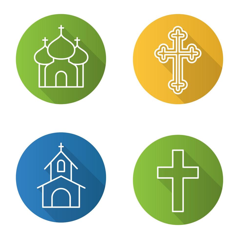 Christianity flat linear long shadow icons set. Catholic cathedral, orthodox church, temple, Christian crucifix, cross. Vector line illustration