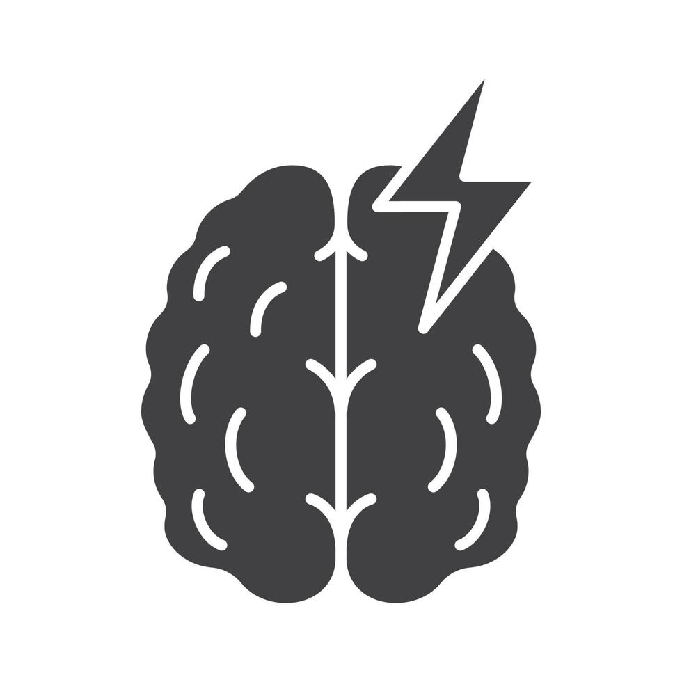 Stroke glyph icon. Cerebral hemorrhage silhouette symbol. Human brain with lightning. Negative space. Vector isolated illustration