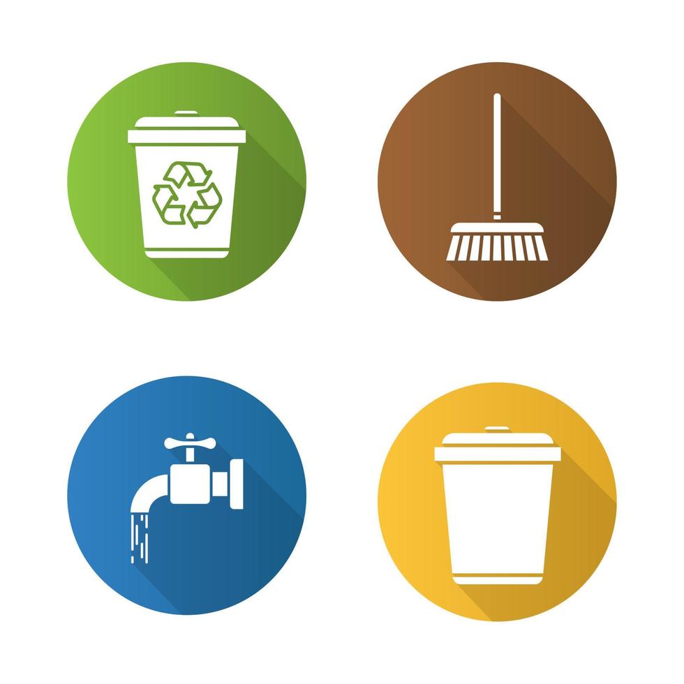Cleaning service flat design long shadow icons set. Environment protection. Running tap water, recycle bins, mop. Vector silhouette illustration