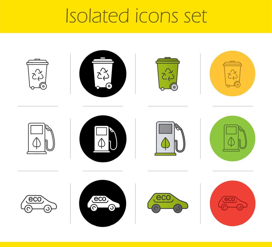 Environment protection icons set. Linear, black and color styles. Eco friendly car, gas station, recycle bin. Isolated vector illustrations