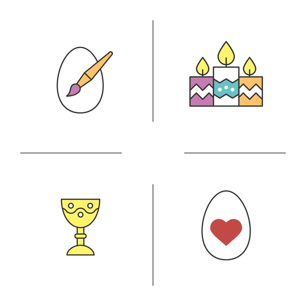 Easter color icons set. Candles, church goblet, Easter eggs with brush and heart shape. Isolated vector illustrations