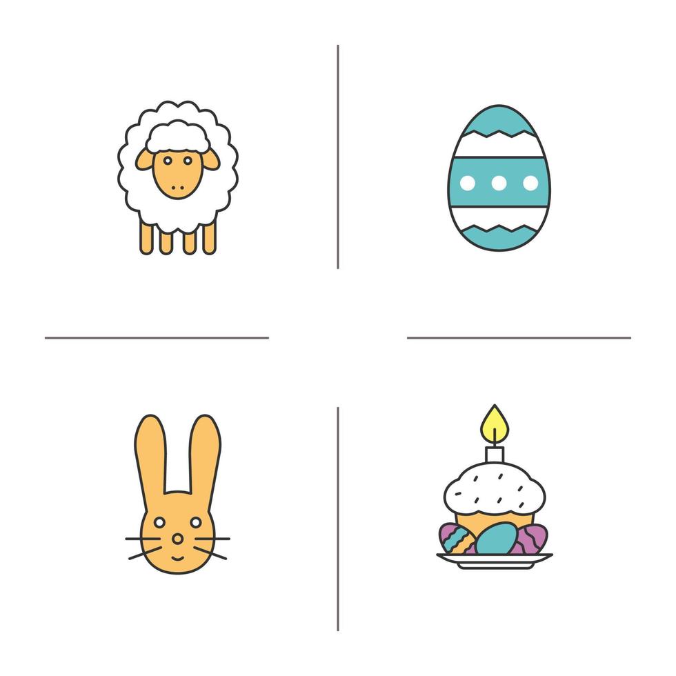 conjunto de iconos de colores de Pascua. conejito de pascua, cordero, huevo y pastel con huevos y velas en un plato. ilustraciones vectoriales aisladas vector