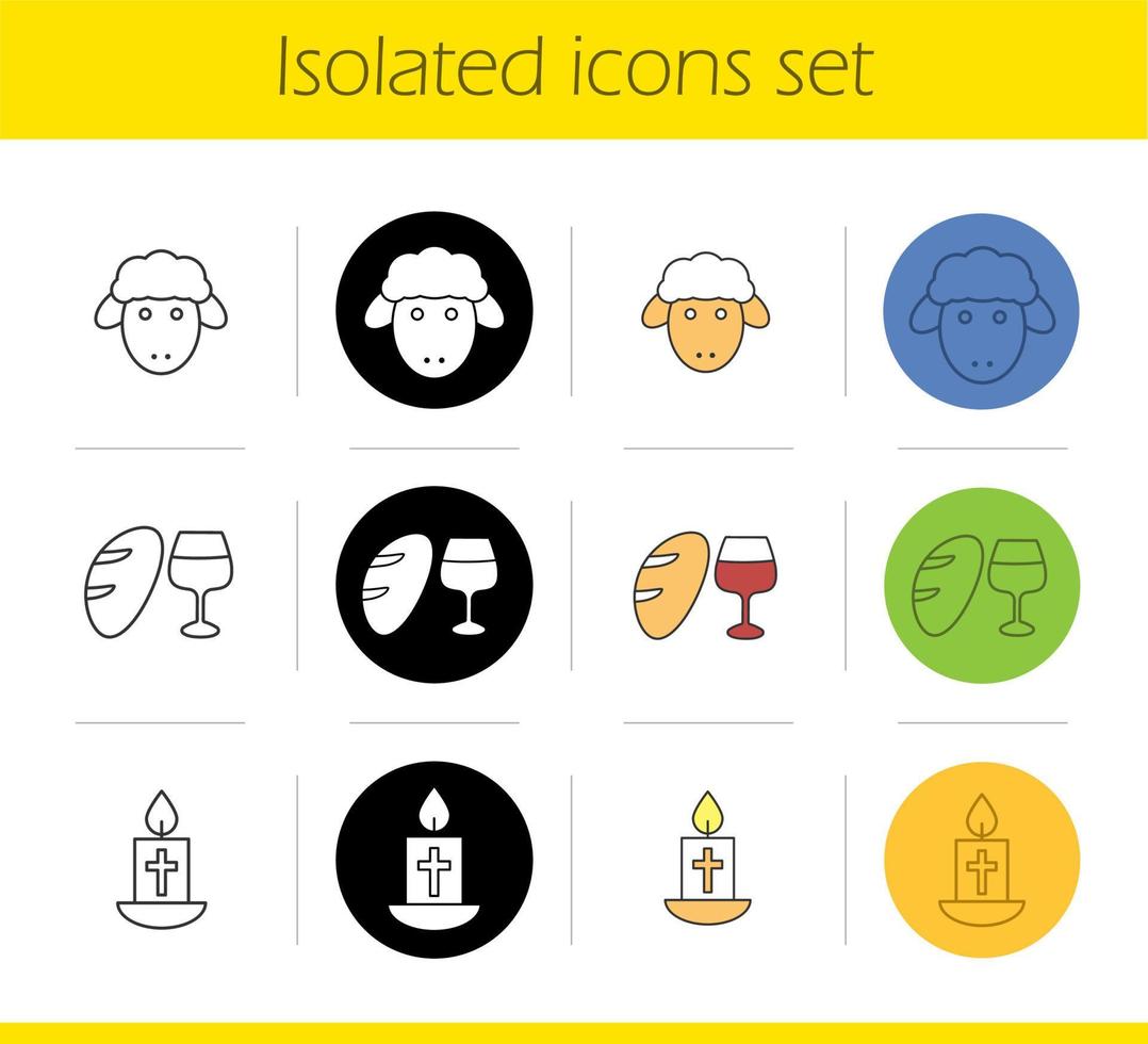 Easter icons set. Linear, black and color styles. Easter lamb, candle, wine and bread. Isolated vector illustrations