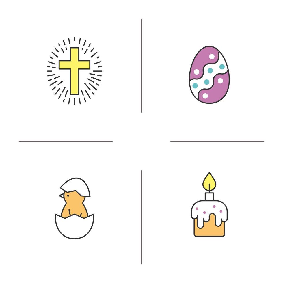 Easter color icons set. Newborn chicken, cross with light around, Easter egg, cake with glaze and candle. Isolated vector illustrations