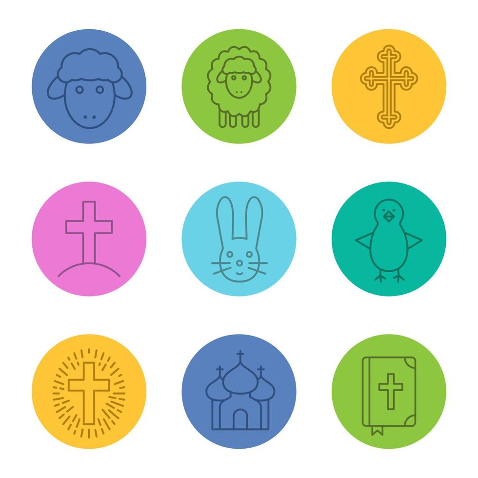 Easter linear icons set. Christian crucifix, Holy Bible, church, chicken, Easter lambs, bunny and crosses. Thin line contour symbols on color circles. Vector illustrations