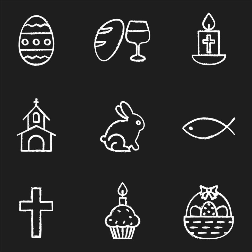 conjunto de iconos de tiza de Pascua. pescado, cruz, iglesia, vela, pan y vino, conejito de pascua, huevo, pastel, canasta. ilustraciones de pizarra vector aislado