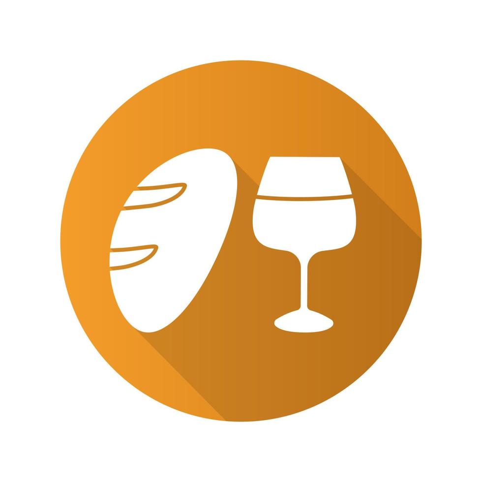 Wine and bread flat design long shadow icon. Jesus Christ flesh and blood. Vector silhouette symbol
