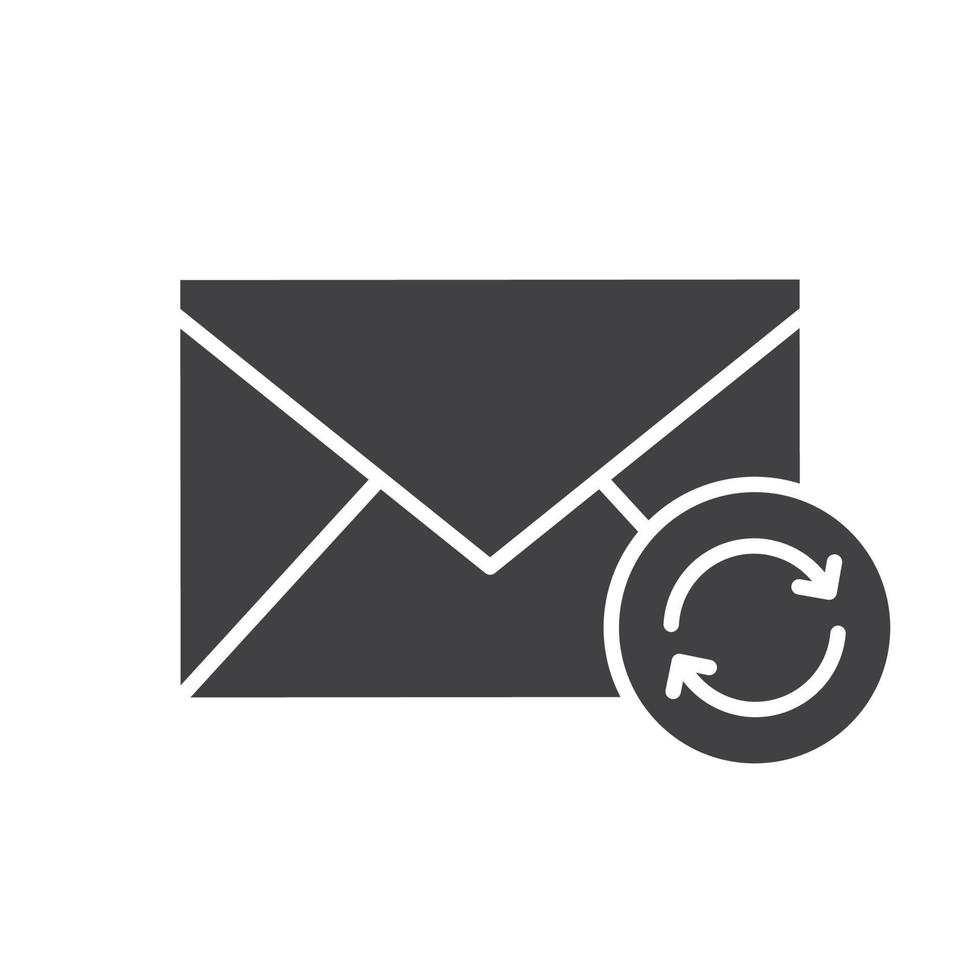Refresh email glyph icon. Silhouette symbol. Email letter with recycle arrows. Negative space. Vector isolated illustration