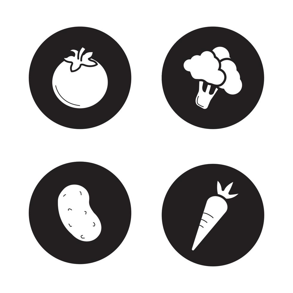 Vegetables icons set. Tomato, potato, broccoli, carrot. Vector white silhouettes illustrations in black circles