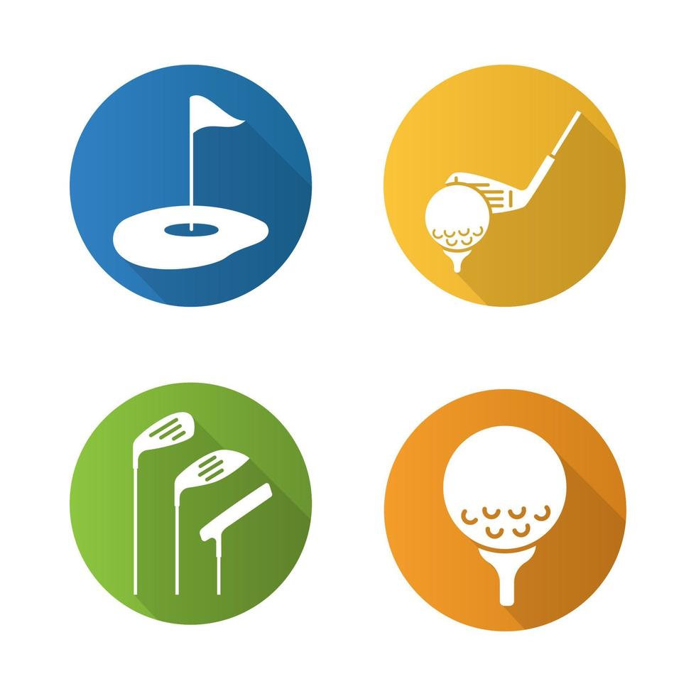 Golf flat design long shadow icons set. Golf course, clubs, ball on tee. Vector silhouette illustration