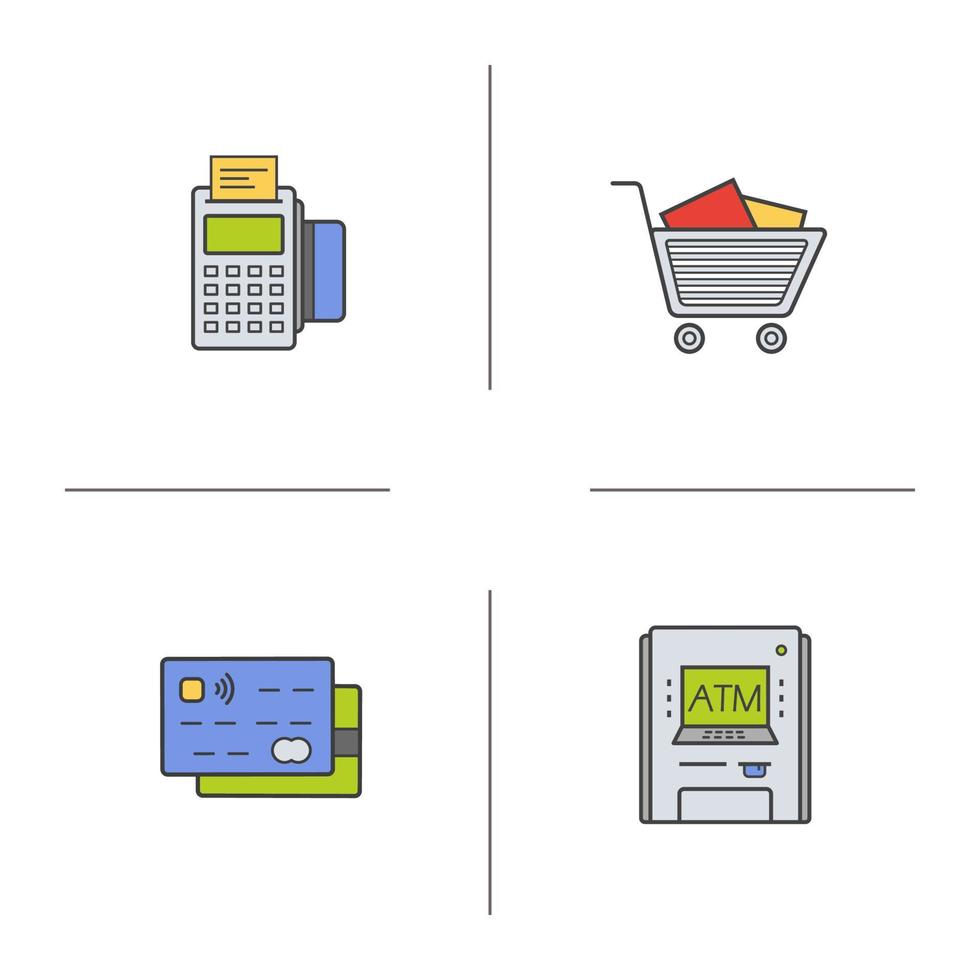 Supermarket color icons set. Credit cards, pos terminal, bank atm machine, supermarket shopping cart with boxes. Isolated vector illustrations