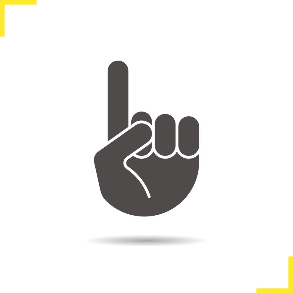 Attention hand gesture glyph icon. Drop shadow silhouette symbol. Point up. Negative space. Vector isolated illustration