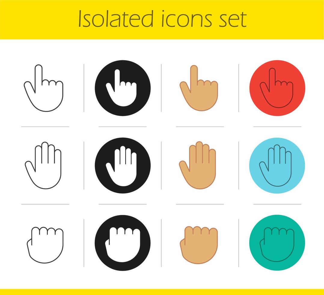 Hand gestures icons set. Linear, black and color styles. Palm, point up and squeezed fist. Isolated vector illustrations