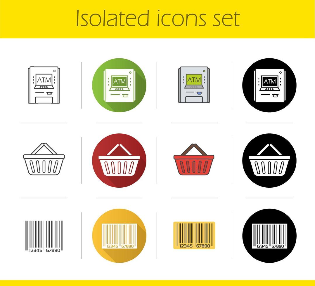 Supermarket icons set. Flat design, linear, black and color styles. ATM machine, barcode, shopping basket. Isolated vector illustrations