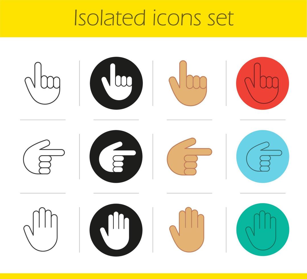 Hand gestures icons set. Linear, black and color styles. Palm, up and right direction. Isolated vector illustrations
