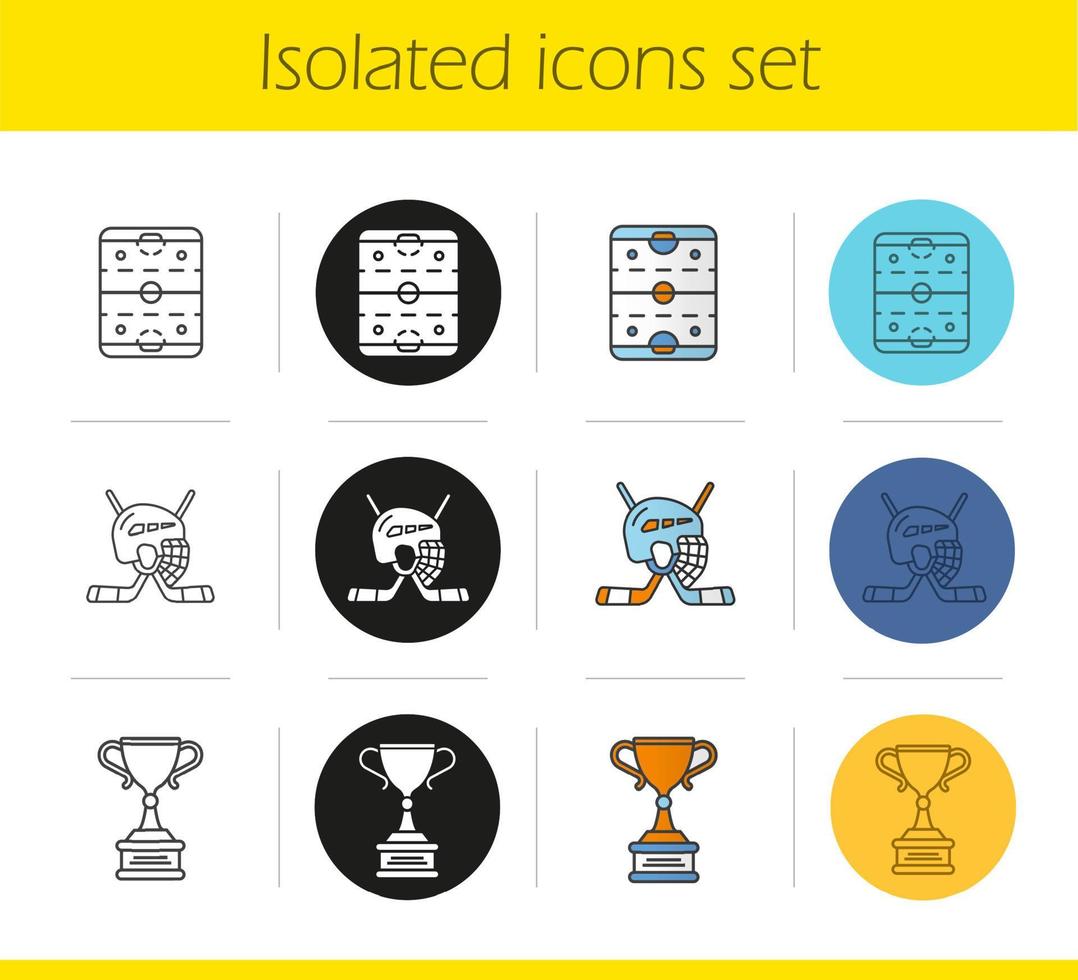 Hockey icons set. Linear, black and color styles. Sticks and helmet, rink, winner's gold trophy. Isolated vector illustrations