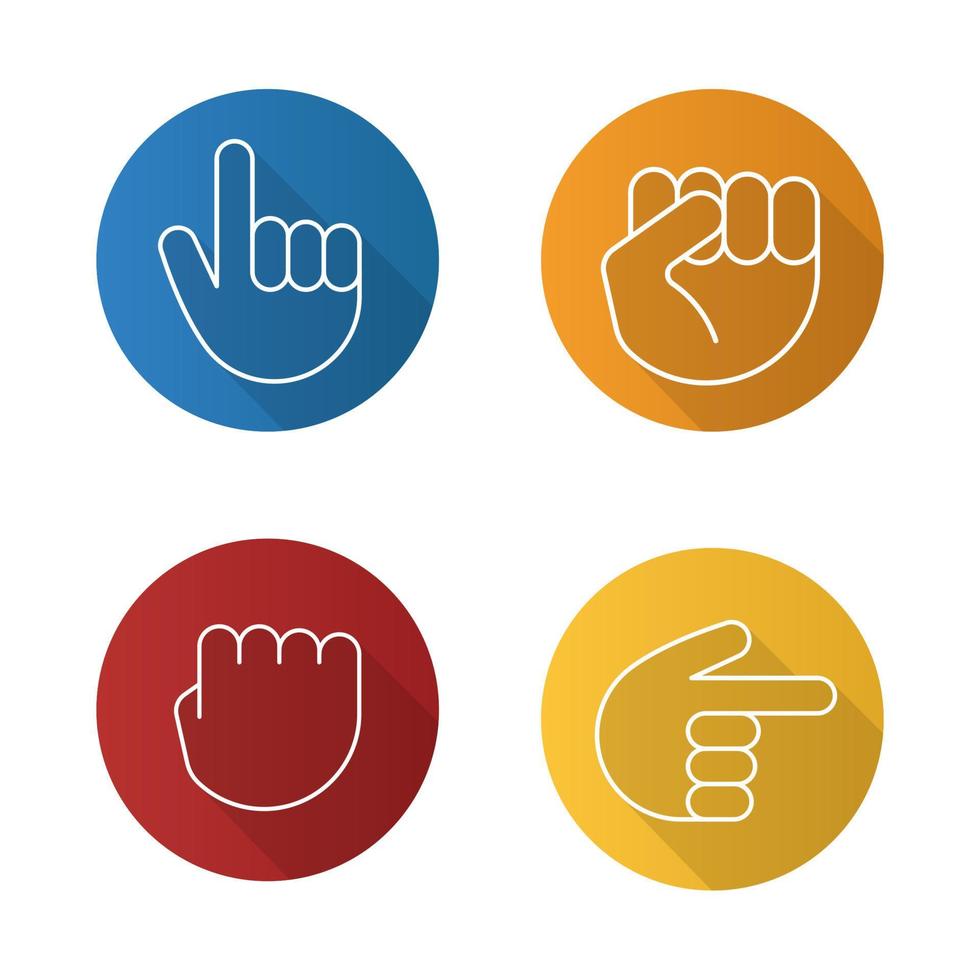 Hand gestures flat linear long shadow icons set. Squeezed and raised fists, hands pointing right and up. Vector line illustration