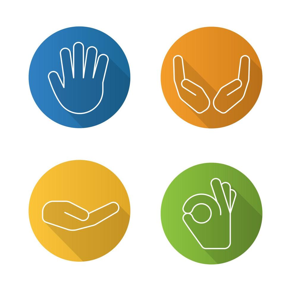 Hand gestures flat linear long shadow icons set. Begging and cupped hands, palm, ok gesture. Vector line illustration