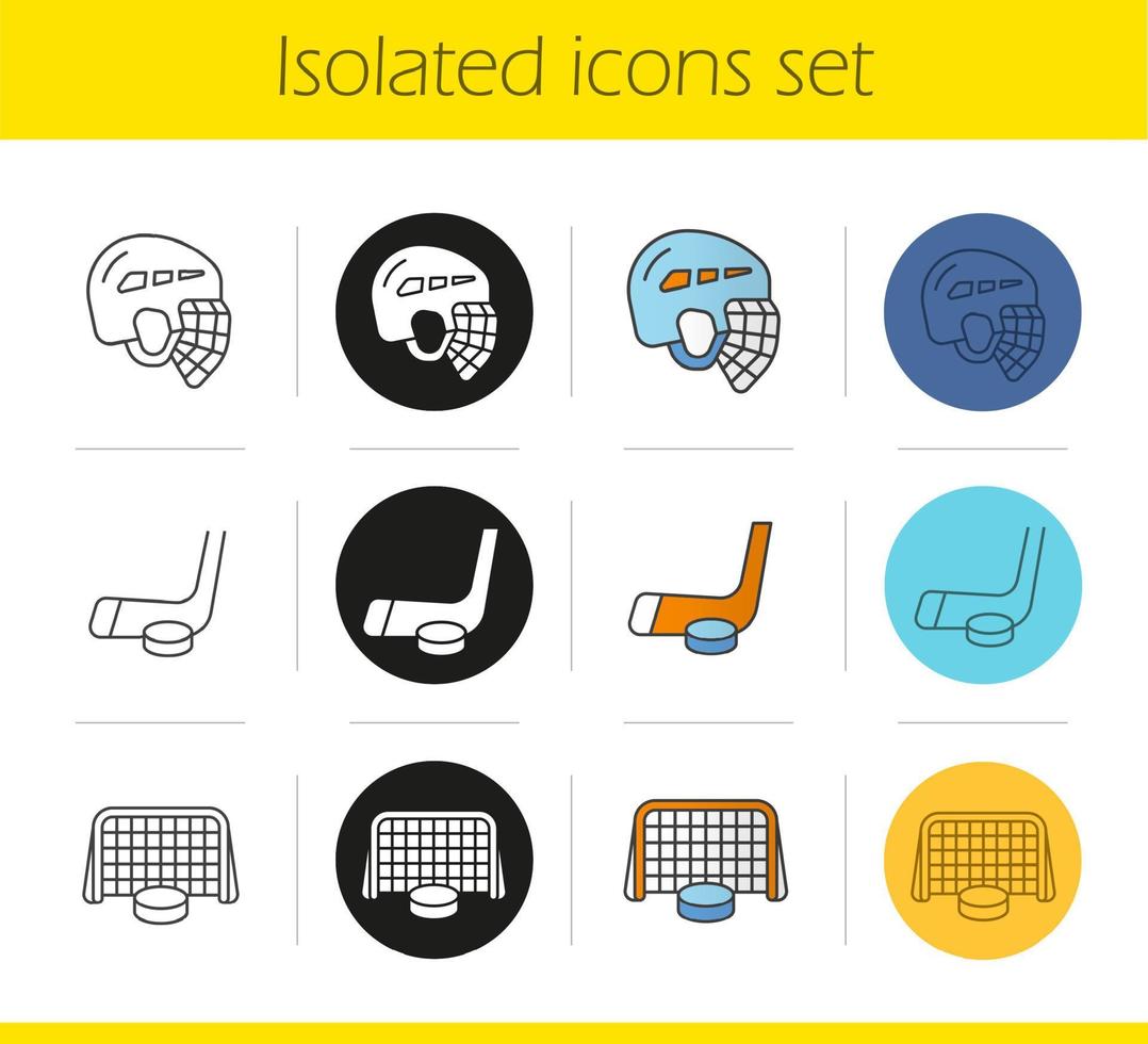 Ice hockey icons set. Linear, black and color styles. Helmet, puck in gates, stick. Isolated vector illustrations