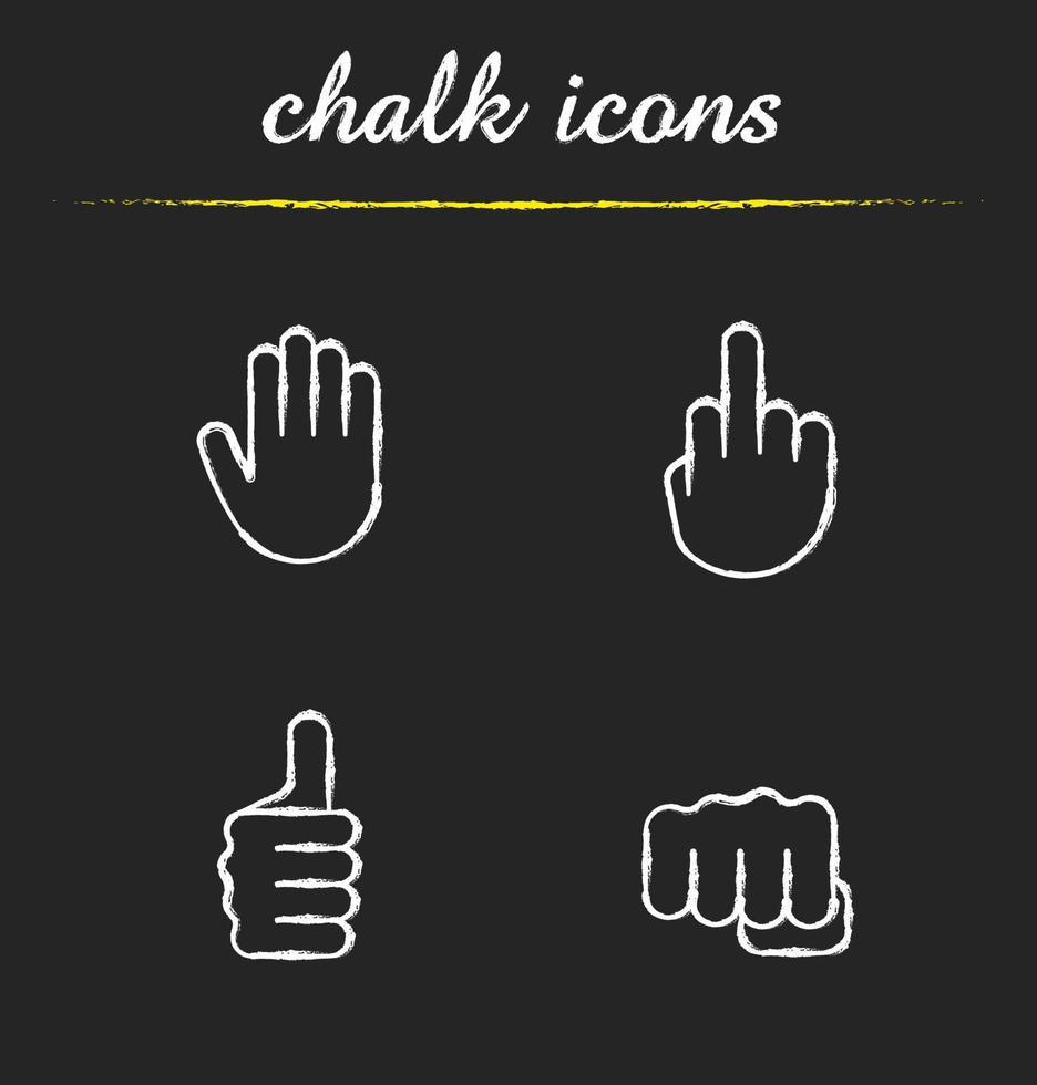 Hand gestures chalk icons set. Middle finger up, palm, punch, thumbs up. Isolated vector chalkboard illustrations