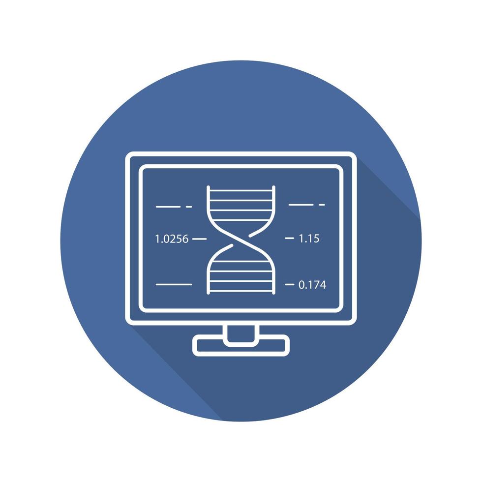 Icono de la larga sombra plana lineal de la computadora de laboratorio. proyecto de ciencias. estructura molecular. símbolo de línea vectorial vector