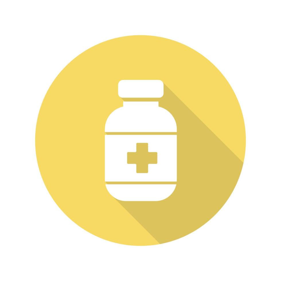 icono de la larga sombra de diseño plano de botella de píldoras. botella de medicamento. símbolo de la silueta del vector