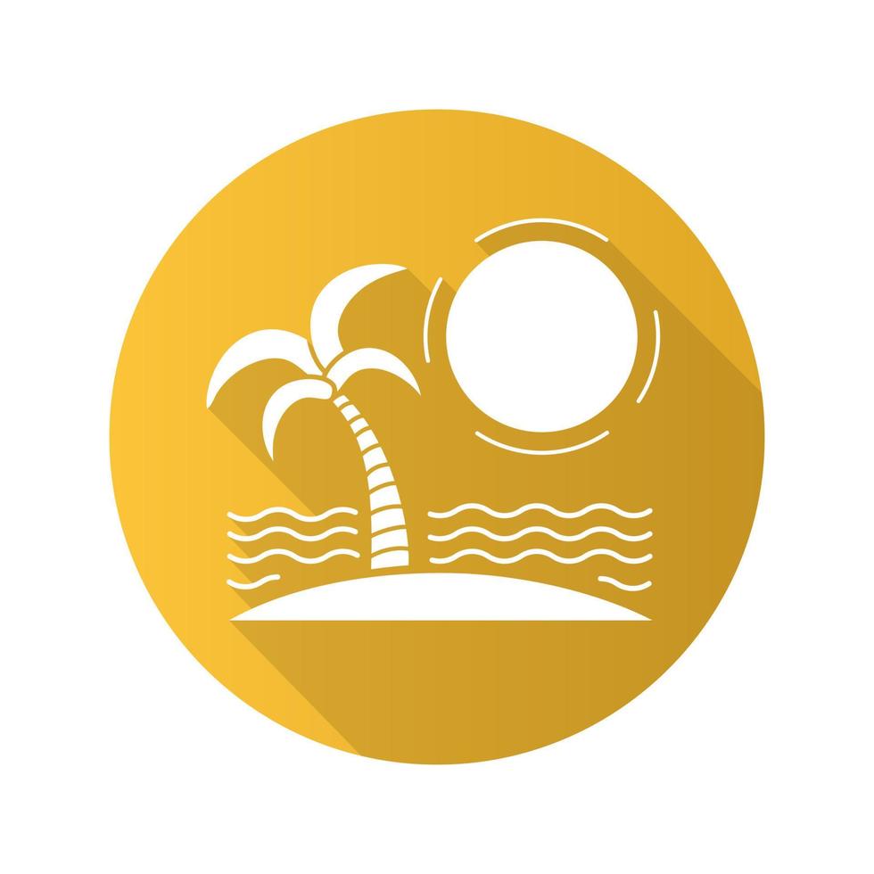Tropical island with sun, waves and palm tree flat design long shadow icon. Seashore vacation. Vector silhouette symbol