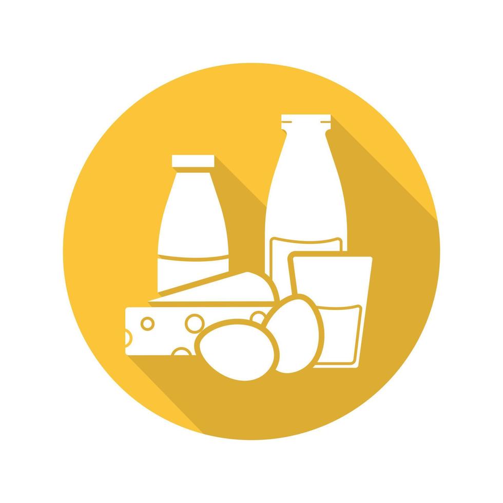 icono de larga sombra de diseño plano de productos lácteos. yogur, botella y vaso de leche, huevos y queso. artículos de la tienda de comestibles. símbolo de la silueta del vector