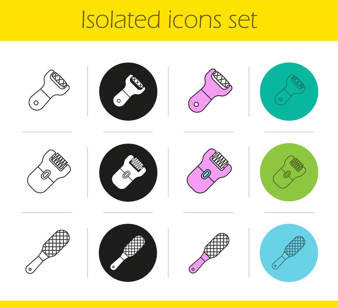 Feet care equipment icons set. Linear, black and color styles. Foot file, rasp, epilator. Isolated vector illustrations