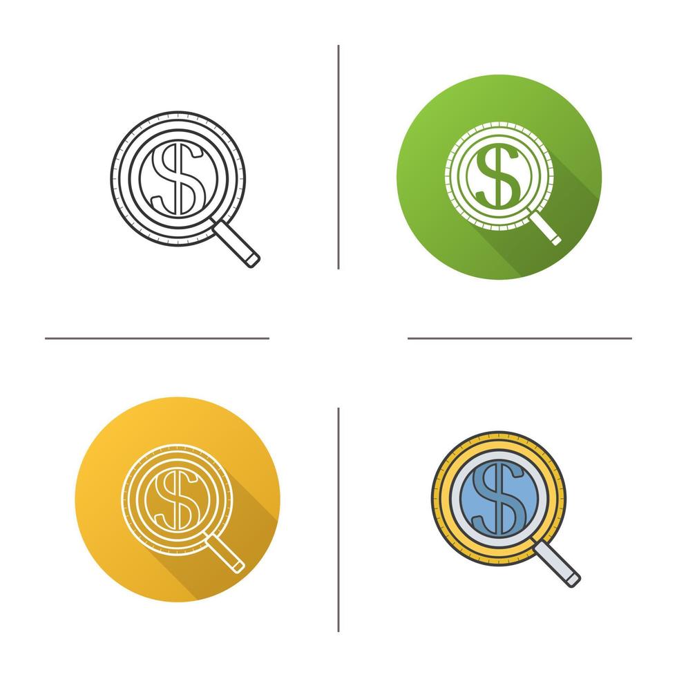 Money search icon. Flat design, linear and color styles. Magnifying glass with dollar sign. Market analysis and business analytics. Isolated vector illustrations