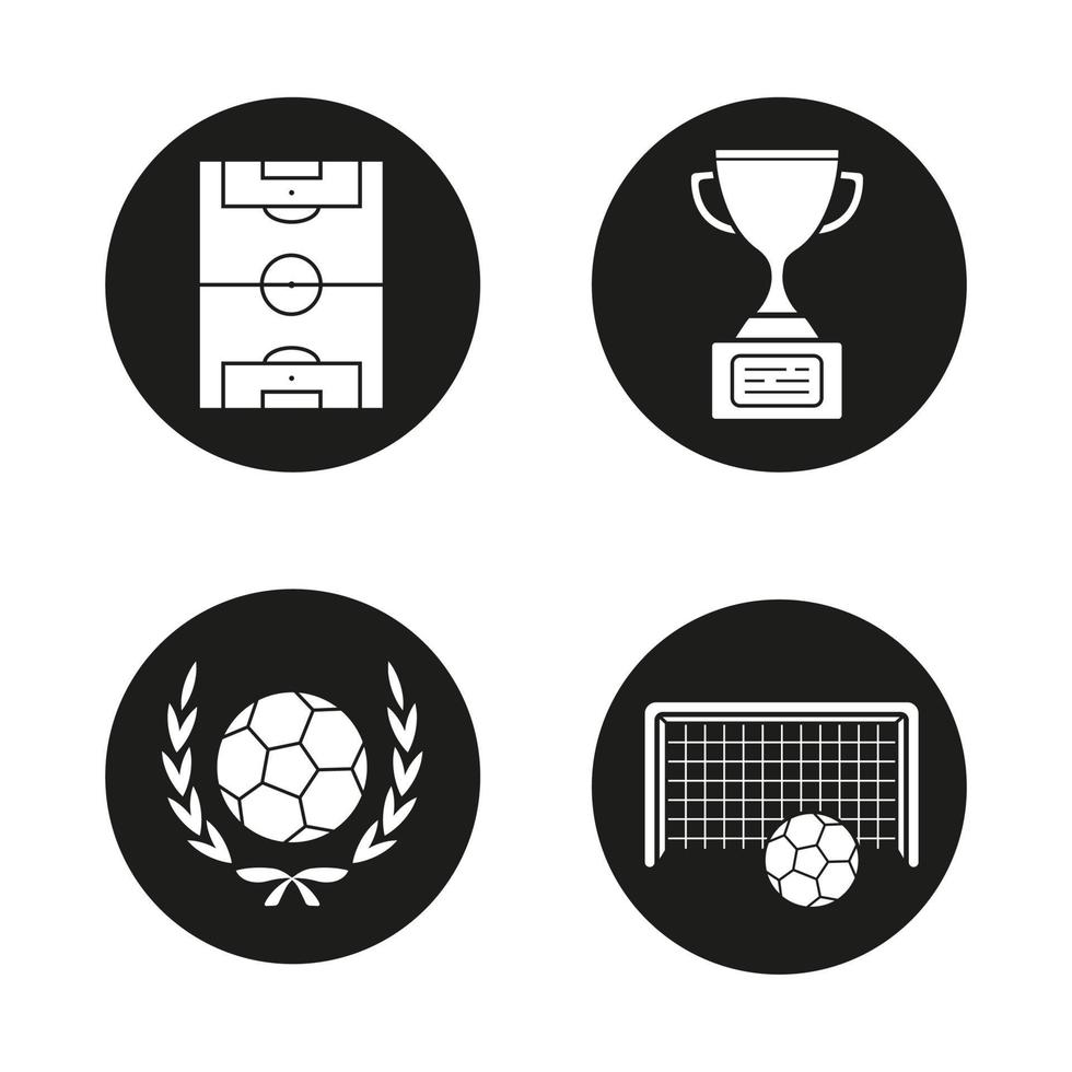 Soccer championship icons set. Winner's cup, football ball in laurel wreath, gates and field. Vector white silhouettes illustrations in black circles