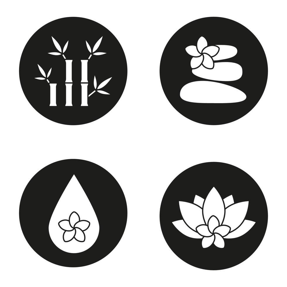 conjunto de iconos de salón de spa. aromaterapia. masaje de piedras, gota de aceite aromático, flores de spa y bambú con hojas. ilustraciones de siluetas blancas vectoriales en círculos negros vector