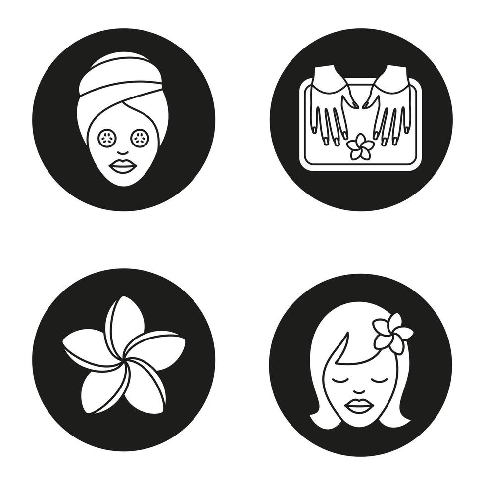 Spa salon icons set. Woman with cucumber facial mask, girl, plumeria flower, spa nails bath. Vector white silhouettes illustrations in black circles