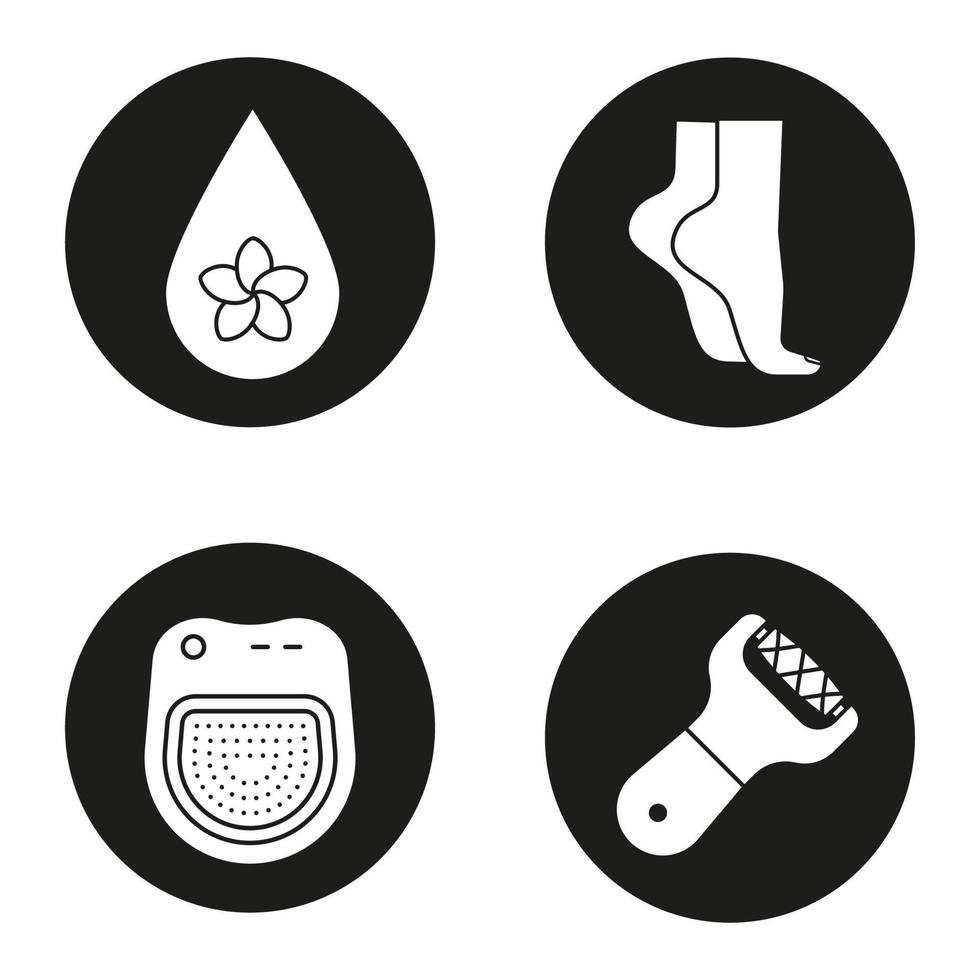 Spa salon icons set. Aromatherapy oil drop, woman's feet, spa salon bath, foot file. Vector white silhouettes illustrations in black circles