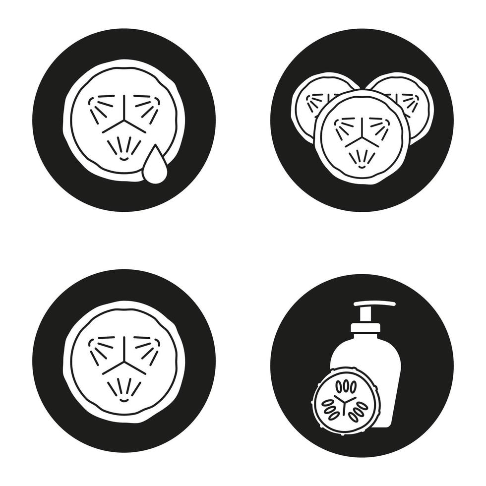 Cosmetology cucumbers icons set. Cucumber slices with juice drop, facial mask. Vector white silhouettes illustrations in black circles