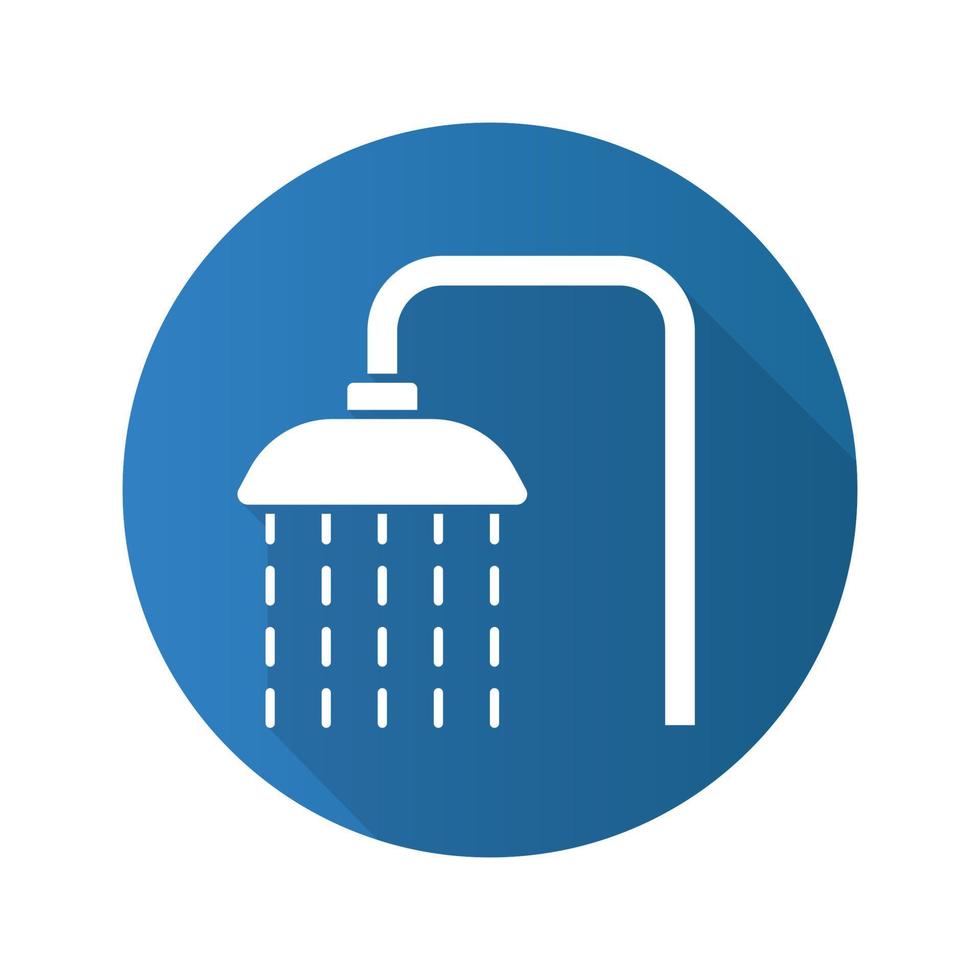 Shower flat design long shadow icon. Shower faucet with flowing water. Vector silhouette symbol